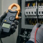 配電盤でクランプメーターを使って電気測定している様子