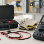デジタルマルチメータとテストリードを作業台に並べたイメージ