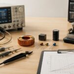 電子部品と測定器、プローブや治具が並ぶ測定作業台