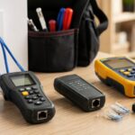 宅内LAN配線とLANケーブルテスターを作業台に並べたイメージ