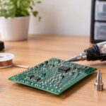 基板と吸取器、はんだ吸取線、交換ノズルを並べた自宅の電子工作スペース