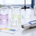 実験台にpH測定器と色の異なる試料入りビーカーを並べた様子