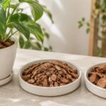 粒の細かさが異なるココチップと鉢植えの観葉植物