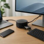 ノートPCと外部モニターをドッキング機器で接続したデスク環境