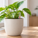 不透明な植木鉢に透明な水位計を挿した観葉植物
