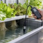 水耕栽培の養液タンクに測定器のプローブを入れている様子