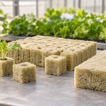 水耕栽培用ロックウールのキューブとマットを並べた様子