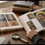 図版が載った美術書を机で読み比べている様子