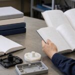 射出成形品を前に複数の技術書を読み比べる様子