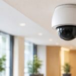 オフィスの天井に設置されたドーム型PTZ監視カメラ