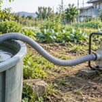 貯水槽と散水ポンプを補強された吸水ホースでつないだ畑の風景