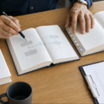 複数の専門書と監査用チェックシートを机上で比較する様子