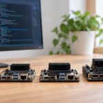 AI開発用の小型ボードを机上で並べて比較しているイメージ