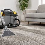 カーペットリンスクリーナーで室内のカーペットを清掃している様子