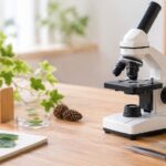 顕微鏡と観察用のプレパラートや植物を机に並べたイメージ