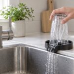 キッチンシンク脇のコップ洗いノズルでグラスをすすいでいる様子