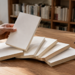 図書館の机で複数の無地の文庫本から一冊を手に取る様子