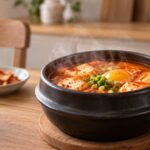 食卓に置かれたスンドゥブ入りの黒いトッペギ