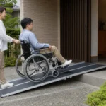 玄関の段差に長い折りたたみ式車椅子スロープを設置した状態