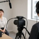 カメラ上の音声機器へ2系統のマイク音声を接続した撮影環境