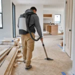 建設現場で背負式集じん機を使う作業者