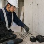 コンクリート壁の前でビットと電池、充電器、ケースを確認する作業員