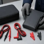 作業台でテストリードとケースのセット内容を確認する整備担当者