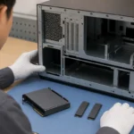 開いたNAS筐体と拡張カード、2枚のM.2 SSDを確認する技術者