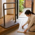 玄関の上がり框で据え置き手すりの設置範囲を測る人