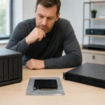 卓上型とラック型のNAS、拡張カードを比較する担当者