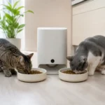 2匹の猫が自動給餌器前の2つの皿から食べている様子