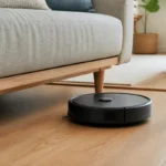 低いソファの前にある薄型の無銘ロボット掃除機