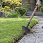 芝生と石畳の境界を手動工具で整えている様子