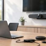 会議室でノートPCと会議用カメラ・マイク機器を接続しているイメージ