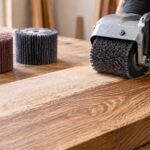 無垢材の表面をブラシサンダで研磨し、木目を浮き立たせている作業風景