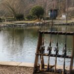 管理釣り場の池のそばで複数の釣り竿をスタンドに並べた様子