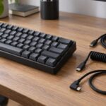 メカニカルキーボードの横に直線型やコイル型のUSBケーブルを並べた様子