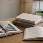建築写真や図面を開いた複数の建築史書籍が机に並ぶ様子