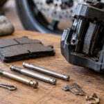 バイクのブレーキキャリパーと複数のパッドピンを作業台に並べたイメージ
