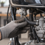 バイクのキャブレター付近にある黒い燃料ホースを手で点検している様子