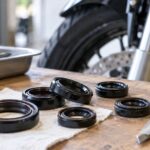 作業台に複数サイズのオイルシールとノギスを並べたバイク整備の様子