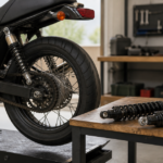 バイクの後輪と作業台に並べたリアショックの写真