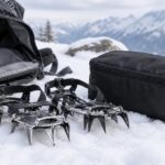 雪上に置かれたアイゼンと黒い収納ケース、登山用バックパック