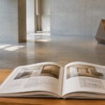美術館の展示空間を背景に建築写真集を開いている様子