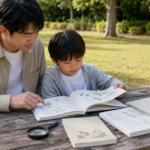 公園のテーブルで自然遊びの本を見る親子