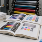 印刷機を背景に技術書とカラー印刷見本を並べた作業台