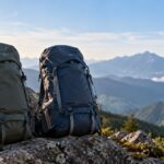 山の岩場に大型の登山用バックパックが2つ並んでいる様子