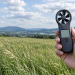 風が吹く草原で携帯風速計を手に持っている様子