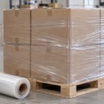 透明なストレッチフィルムで段ボール箱をまとめた倉庫の荷造り風景