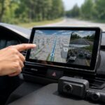 車内のカーナビ画面と前後録画をイメージしたドライブレコーダーの写真